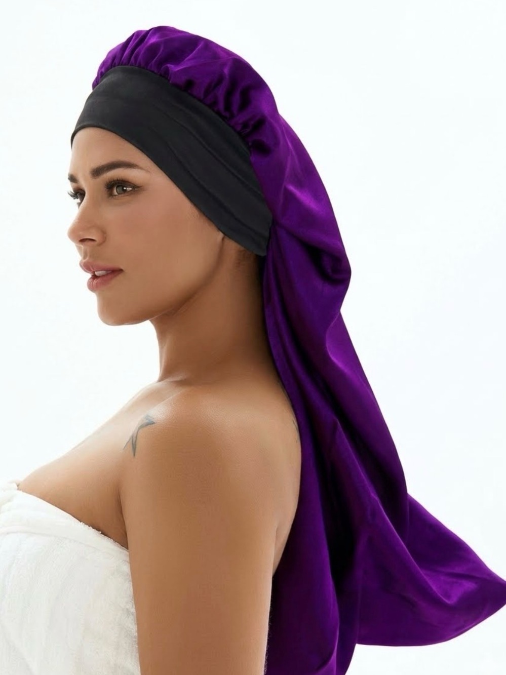 Purple Satin Hair Bonnet with Black Band